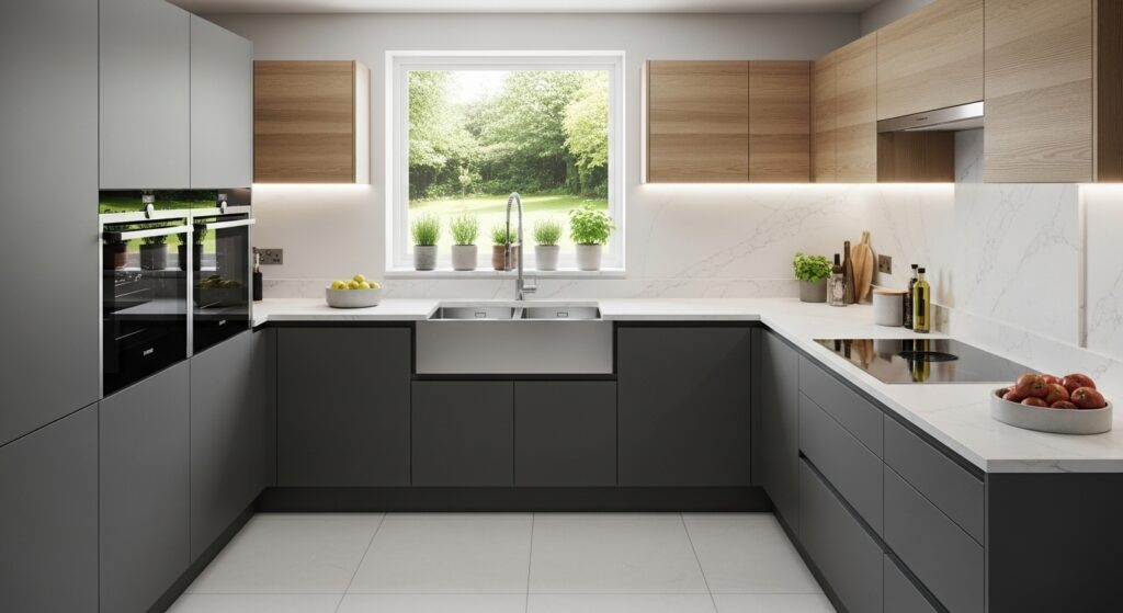 U Shaped Modular Kitchen Design Images with Quartz Platform