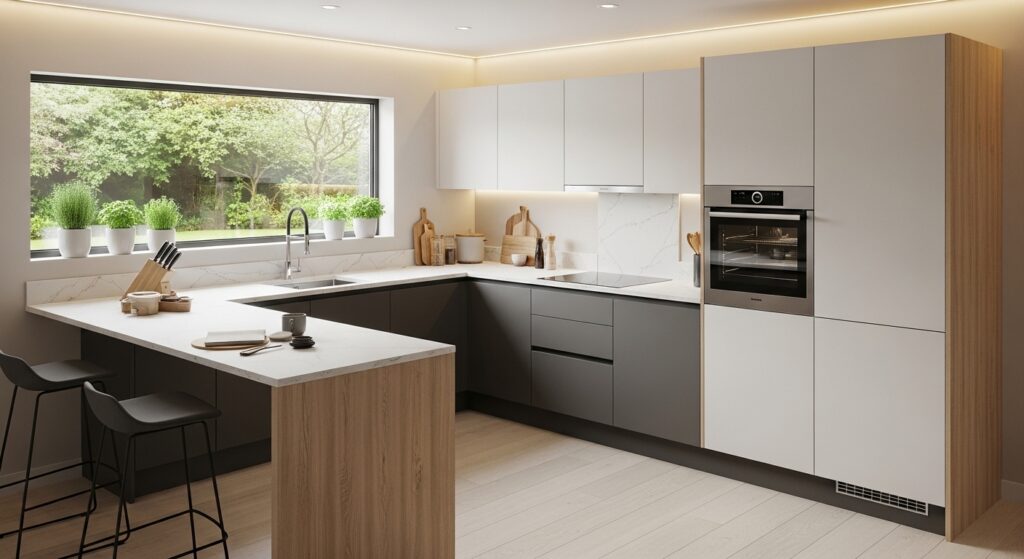 L Shaped Modular Kitchen with Breakfast Counter