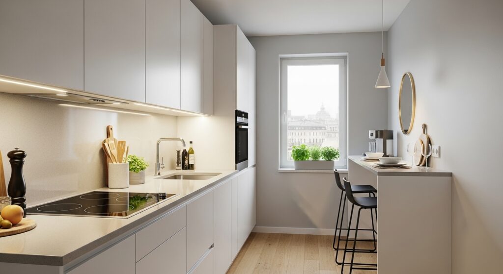 18. Parallel Kitchen Design for Small Space with Under-Cabinet Lighting