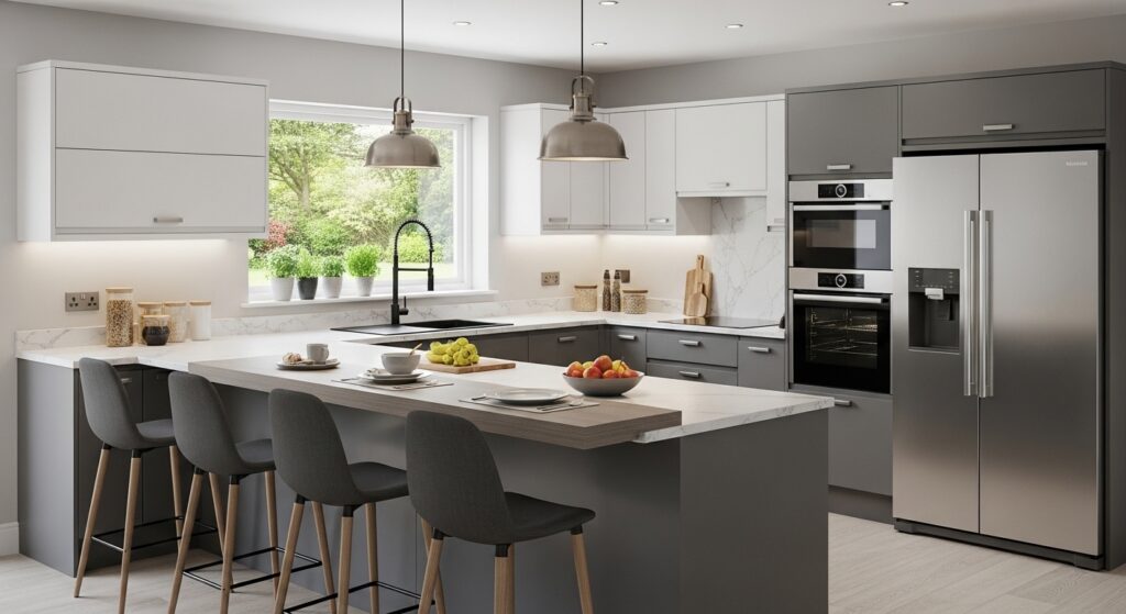 U Shaped Modular Kitchen with Breakfast Counter