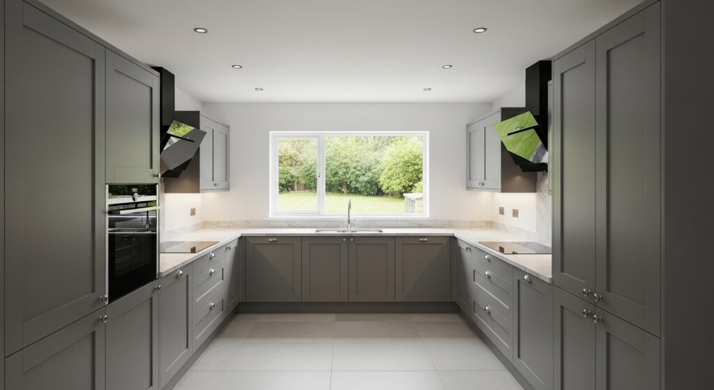 U Shaped Modular Kitchen with Tall Pantry Units